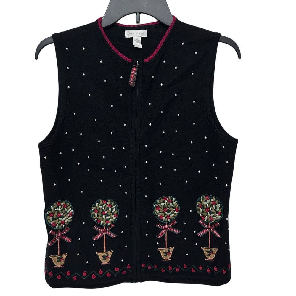 Charter Club Vest Women's Medium Black Wool Beaded Embroidered Christmas Holiday